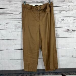 WHBM Pants Womens 10 Brown Wide Leg Crop Linen Blend belted Office Costal